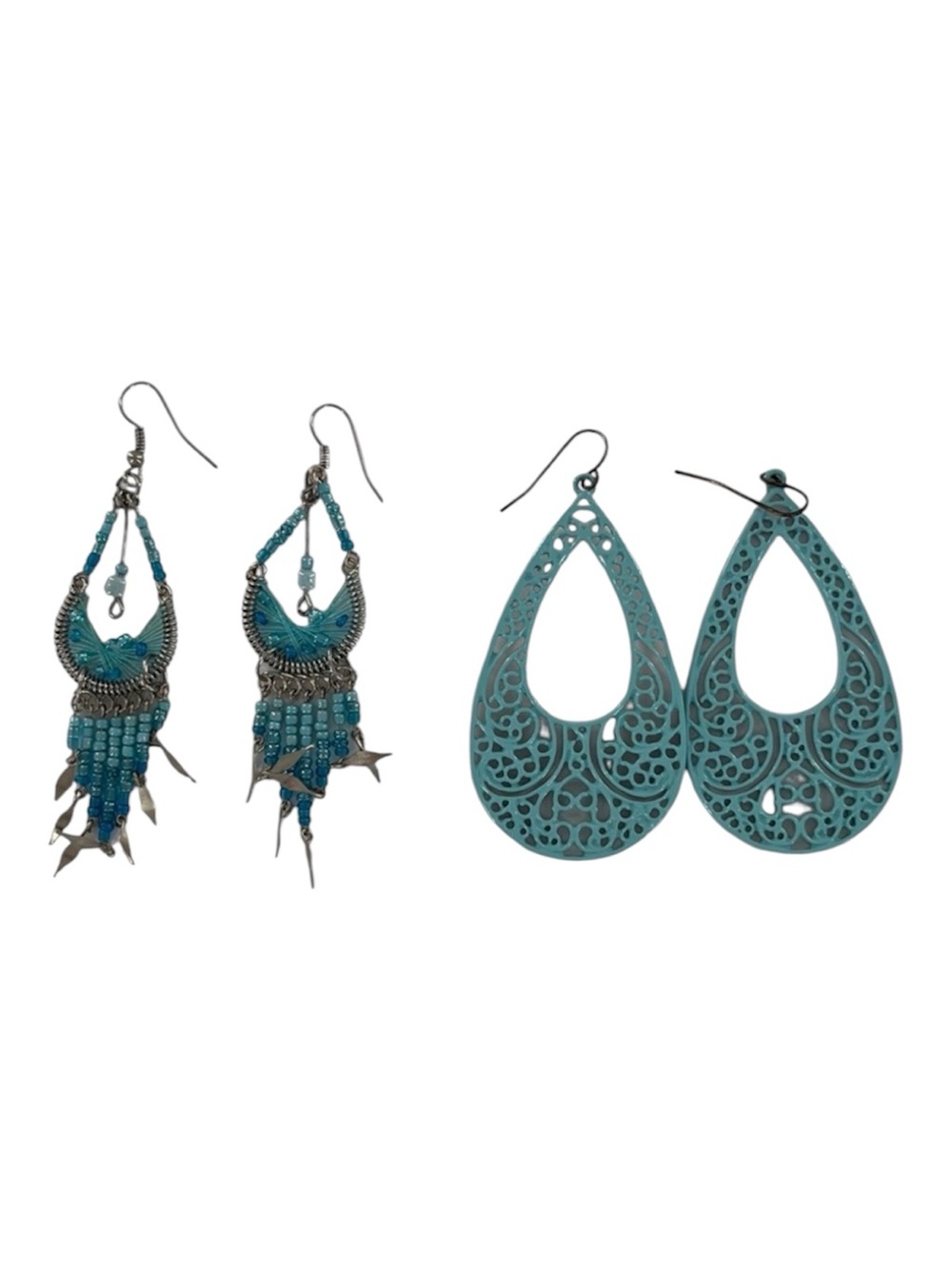 Earrings Turquoise Beaded Filigree Silver Bohemian Boho Dangling Two Pai…
